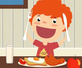 Breakfast Theme Enjoying Kid Icon Colored Cartoon Design
