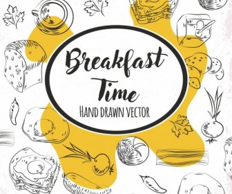 Breakfast Time Banner Food Icons Handdrawn Sketch