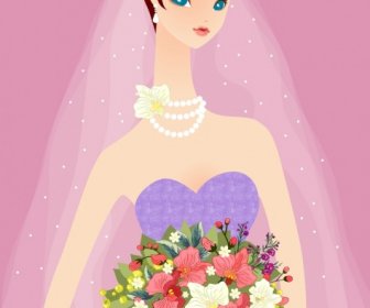 невеста, холдинг Цветы Букет рисования милый мультфильм дизайн