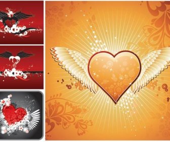 明るい赤と黄色ハート天使翼ファンタジー バレンタイン ベクトル
