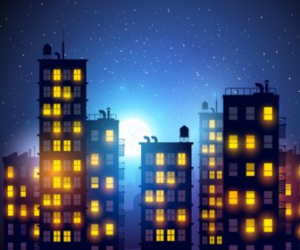 Brightly Lit Midnight City Vector Background