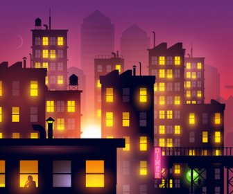 Brightly Lit Midnight City Vector Background