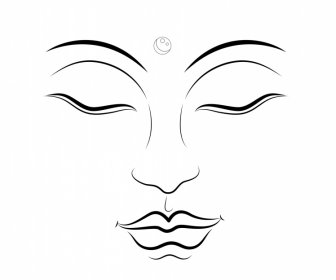 Ikon Wajah Buddha Garis Putih Hitam Yang Digambar Tangan Datar