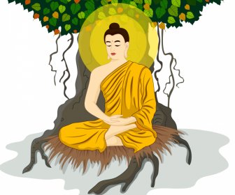 buddha meditating under bodhi tree icon elegant cartoon design