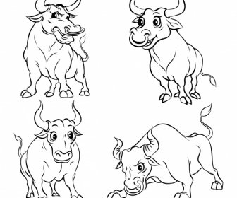 ícones Búfalos Lutando Gesto Esboço Preto Branco Desenhado à Mão
