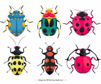 Bugs Creatures Icons Colorful Flat Symmetric Design