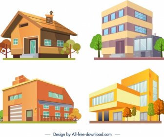 Building Architecture Icons Colored Modern 3d Design