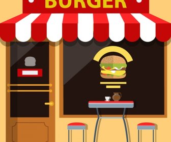 Burger Store Facade Design With Food On Window