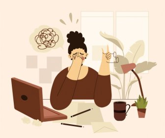 Burnout Pintura Conceptual Estresada Mujer Lugar De Trabajo Boceto De Dibujos Animados