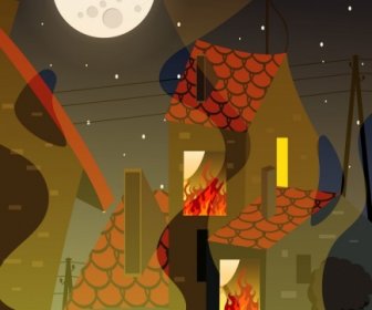 Verbranntes Haus Hintergrund Feuer Gebäude Mondschein Symbole