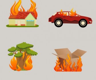 Gebrannten Objekte Isoliert Auto Haus Baum Feld Symbole
