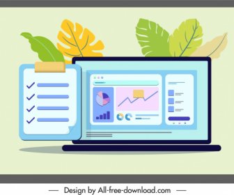 Business Background Template Laptop Sketch Colorful Flat Design