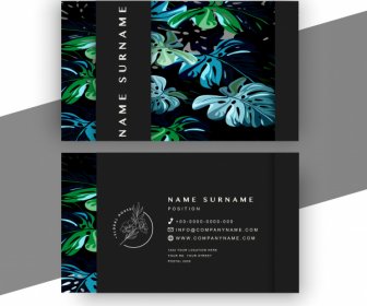 Business Card Template Elegant Dark Design Leaves Decor