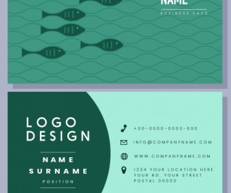 Business Card Template Flat Fishes Sketch Green Classic