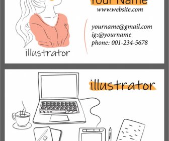 Business Card Template Portrait Desk Elements Handdrawn Sketch