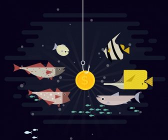 Business Concept Background Fish Coin Icons Cartoon Design