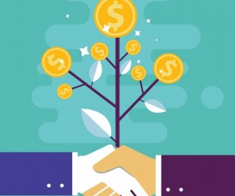Business Cooperation Concept Background Coins Tree Handshake Icons