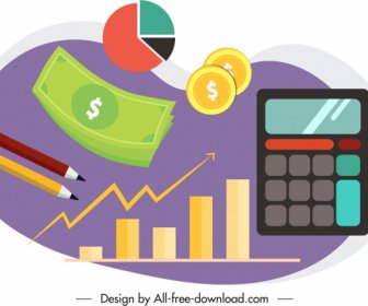 Business Elements Icons Money Coin Calculator Charts Sketch