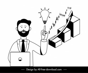 Geschäftsidee Konzept Ikone Geschäftsmann Glühbirne Säulendiagramm Skizze Schwarz Weiß Karikatur