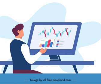 business man icon computer screen trading charts decor cartoon sketch