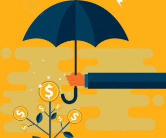Business Schutz Hintergrund Münzen Baum Regenschirm Wetter Elemente