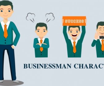 Businessman Character Icons Emotional Design Colored Cartoon