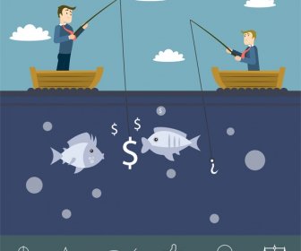 businessman marketing illustration with businessmen competing in fishing