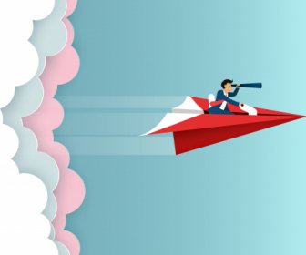 Businessman Sit On Paper Plane Hold Binoculars Forward Fly On Sky Go To Success Goal Business Finance Concept Creative Idea Startup Illustration Cartoon Vector
