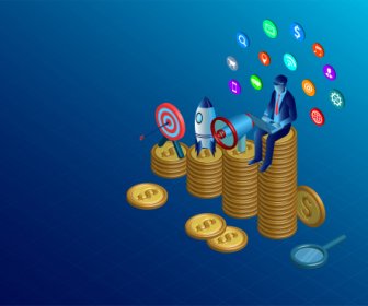 Businessman Success Sitting On The Pile Of Money Coin And Working On Laptop Computer Banner With Business Finance Success Concept With Characters Illustration Flat Isometric Vector Background