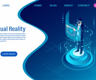 Pengusaha Memakai VR Goggle Dengan Antarmuka Menyentuh Ke Virtual Reality Dunia Masa Depan Teknologi Datar Isometrik Web Header Template Datar Vektor