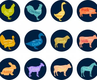 Butchery Labels Isolated With Various Animals Silhouettes Tyles