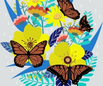 Butterflies Background Colorful Flowers Icons Decoration
