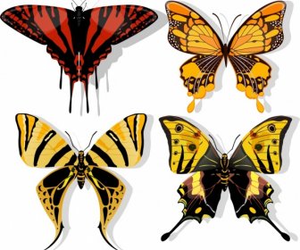 Schmetterlinge Icons Dunkle Bunte Flache Skizze