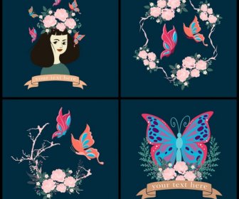 Kupu-kupu Dekoratif Latar Belakang Set Dekorasi Warna-warni Bunga