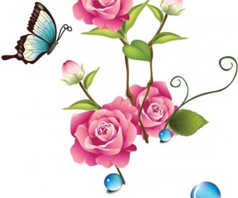 Butterfly Flying On Realistic Rose Vector Postcard Design