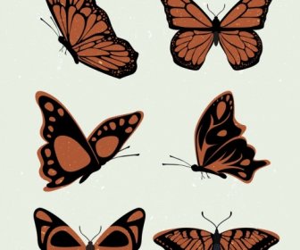 Kupu-kupu Koleksi Ikon Cokelat Desain Berbagai Bentuk