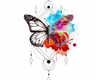 Butterfly Tattoo Template Colorful Grunge Decor Symmetric Design