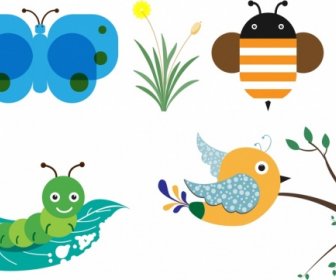 Butterfly Worm Bird Bee Icons Collection Cartoon Style