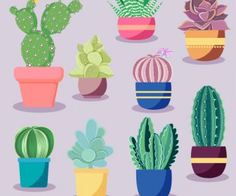 Cacti Flowerpot Icons Elegant Colored Classic Flat Sketch