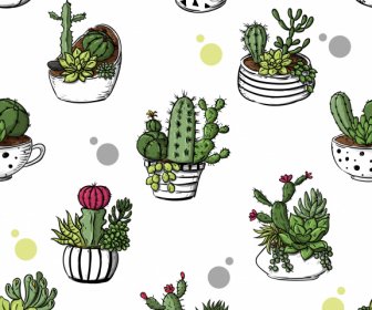 Cacti Pots Pattern Bright Colored Classic Handdrawn Sketch
