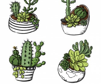 Cactus Pot Icons Classic Handdrawn Sketch