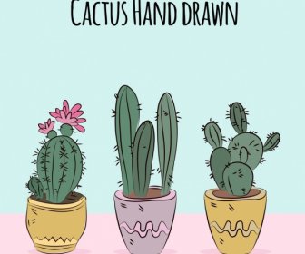 Cactus Pots Drawing Multicolored Handdrawn Decor