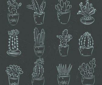 Cactus Pots Icons Dark Design Handdrawn Decoration