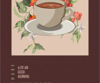 카페 광고 포스터 우아한 클래식 컵 식물 스케치