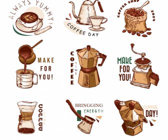 Café Logo Vorlage Retro Handgezeichnete Objekte Skizze