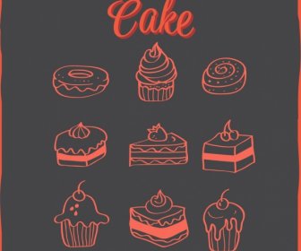Kuchen Icons Sammlung Dunkle Handgezeichneten Entwurf