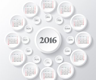 カレンダー 2016年テンプレート ラウンド ボタン