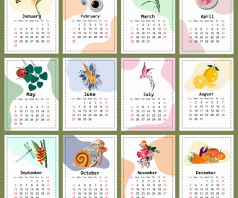日曆範本五顏六色的昆蟲水果植物餡餅主題