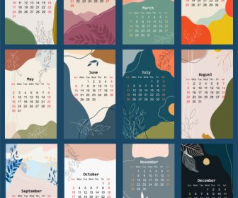 Szablony Kalendarza Elementy Natury Wystrój Retro Kolorowy Design