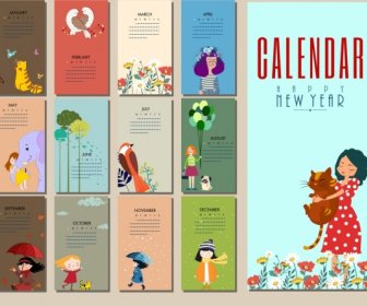 Calendrier Des Modèles Femme Animaux Fleurs Icônes Cartoon Design